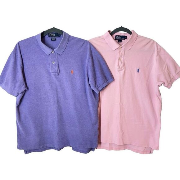 Bundle 2 Polo Ralph Lauren Polo Shirts Pique Cotton Light Pink & Purple L - Picture 4 of 11